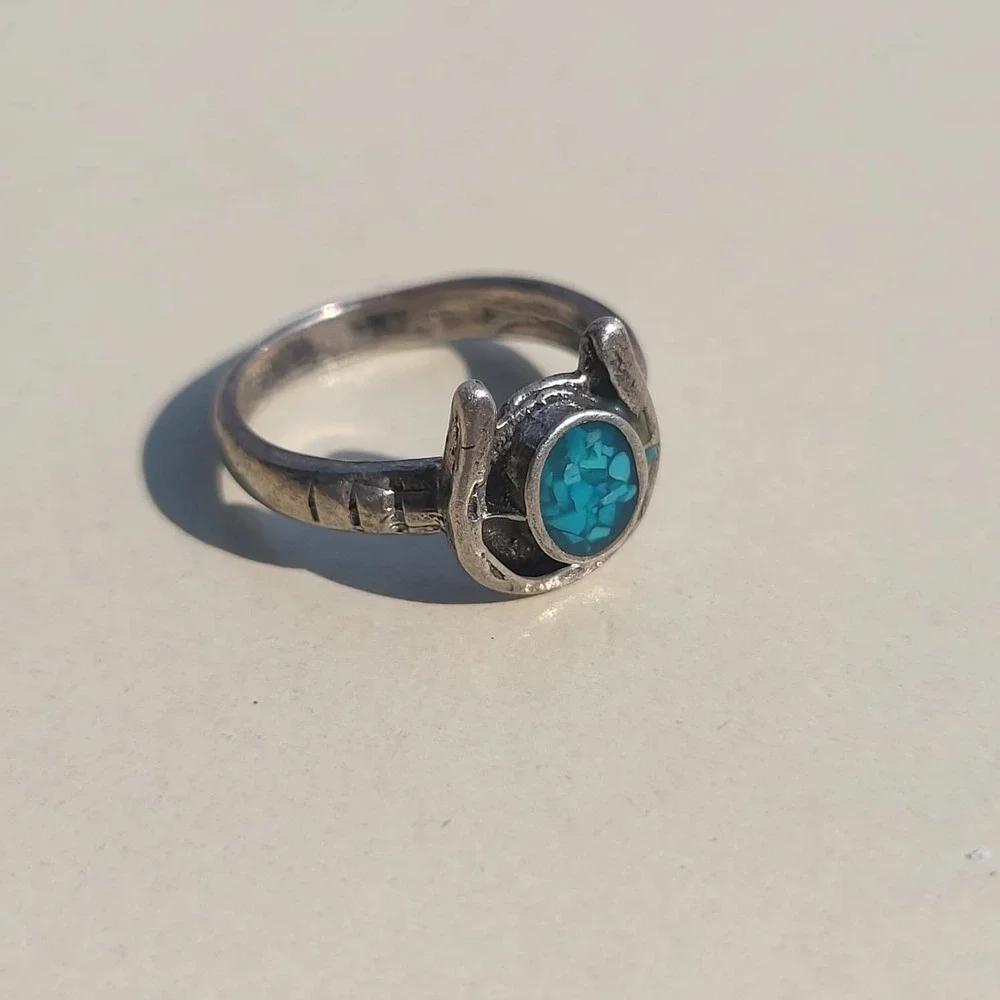 Vintage Silver Tone Faux Turquoise Chip Ring Size 4.75 Blue Western Lucky